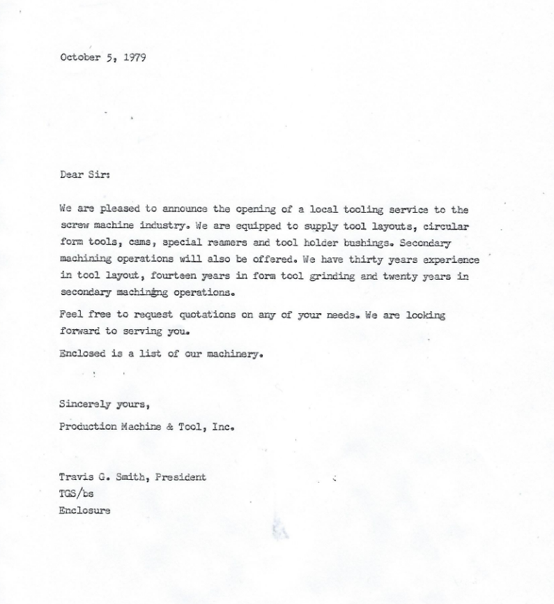 1979 opening announcement for Production Machine & Tool